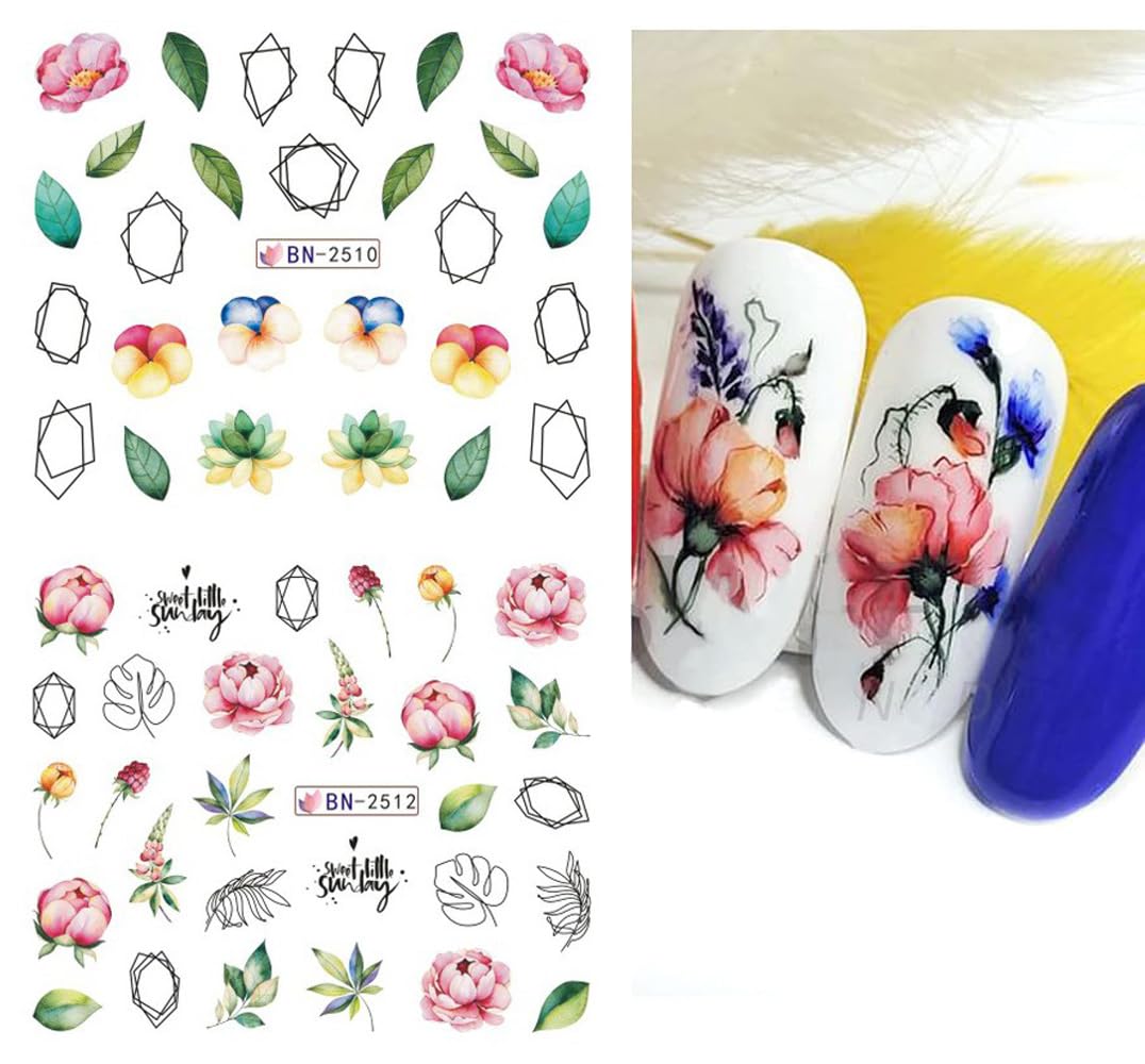 12 Sheets Flower Nail Water Transfer Decals, Nail Art Stickers for Women, Holographic Colorful Flower Leaf Patterns Nail Designs Supplies, Acrylic Nails Decorations DIY Resin Nail Decal Tattoos Set