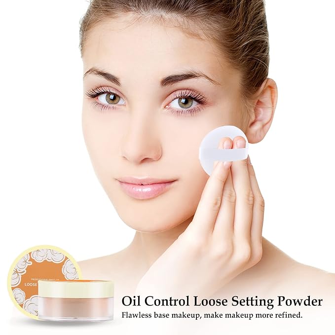 Boobeen Loose Face Powder Translucent Setting Powder Oil Control Loose Powder, Soft Focus Effect Makeup Loose Setting Powder, Lightweight Shine Control Matte Finishing, with Puff