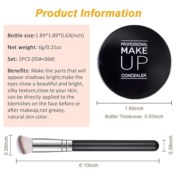 Kaely 2Pcs Pot Concealer Full Coverage Set,under Eye Brightener Concealer for Conceals Dark Circles,Waterproof Foundation Face Makeup Brush Kit,Color Correcting Concealer,05+06