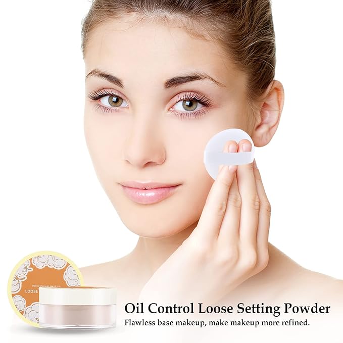 Boobeen Loose Face Powder Translucent Setting Powder Oil Control Loose Powder, Soft Focus Effect Makeup Loose Setting Powder, Lightweight Shine Control Matte Finishing, with Puff