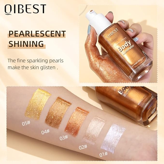 40ml Body Shimmer Oil,Face and Body Liquid Luminizer,Smooth Body Shimmer Oil For Sunshine Bath, Waterproof Moisturizing Light Shimmer Glow Illuminator,Liquid Highlighter Makeup,Makeup Brush Include (3#-Bronze Gold)