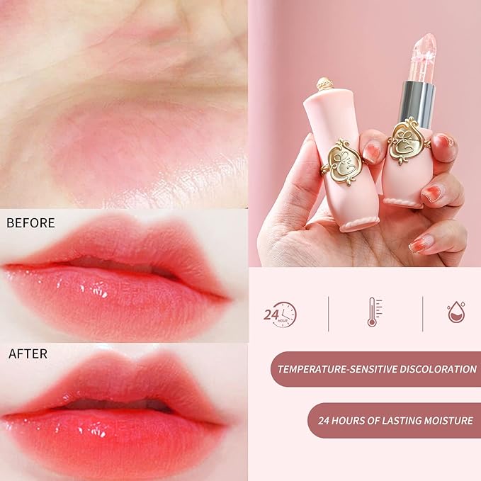 3 Pcs/Set Flower Jelly Lipstick Set Temperature Change Moisturizer Long Lasting Nutritious Glossy Shine Lip Balm Magic Gold Crystal PH Color Change Lip Gloss for Women