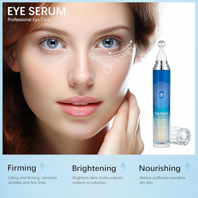 5% Caffeine Eye Serum, Under Eye Roller Cream for Dark Circles, Anti-aging Wrinkles And Firming, 360° Massage Ball Ice Roller For Fine Lines, Bags, Puffy Eyes, Eye Skin Care For Women Men (CAFFEINE)