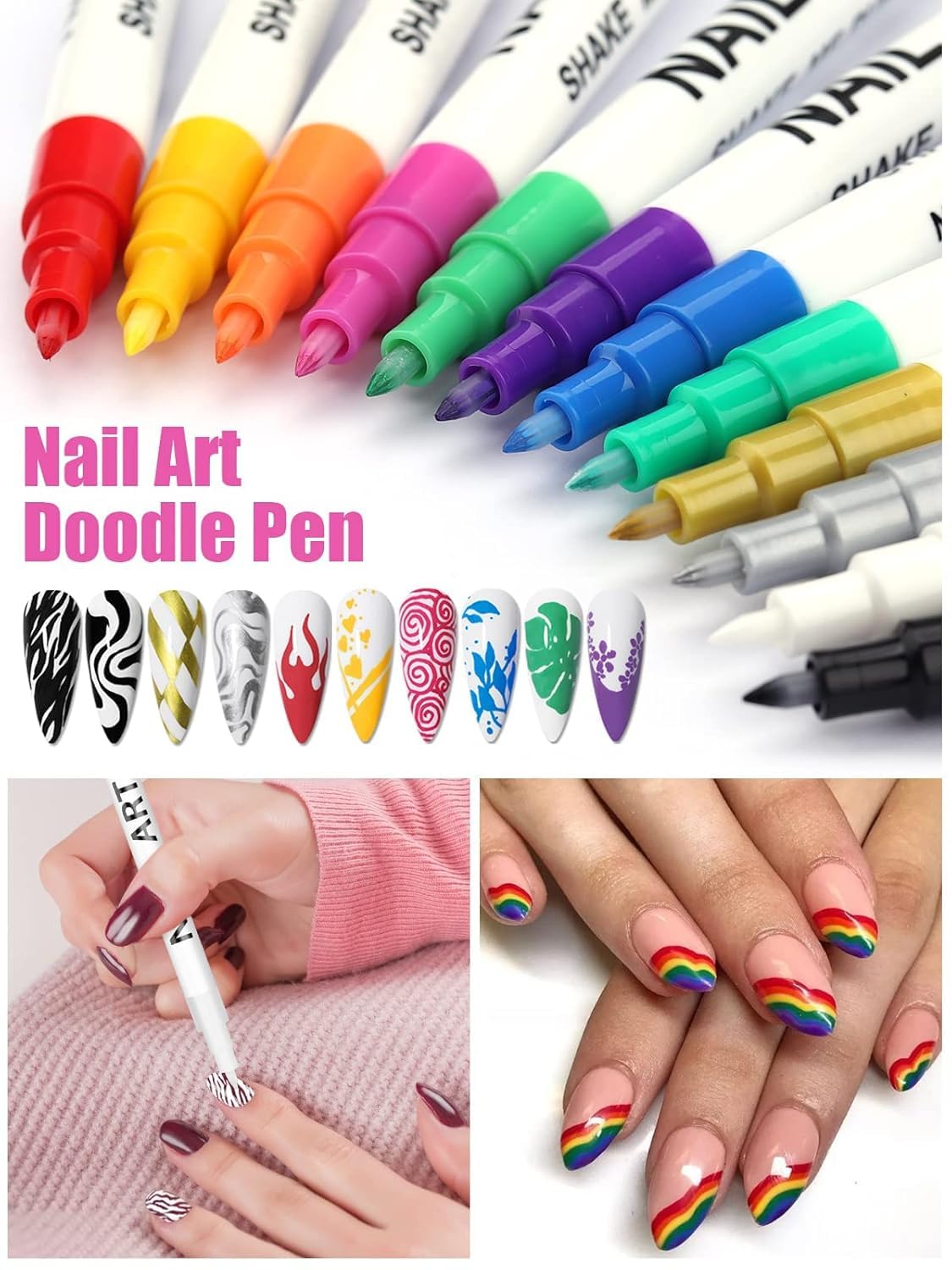 12 Color 3D Nail Art Pens Set, Kalolary Nail Pens Nail Point Graffiti Dotting Pen Drawing Painting Liner Brush for DIY Nail Art Beauty Adorn Manicure Tools