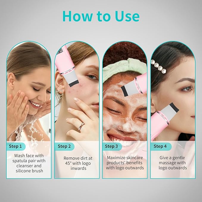Skin Scrubber Facial Spatula - 4-in-1 Deep Cleansing Tool for Pore Extraction, Fast Charging Dock Blackhead Remover Face Spatula for Facial Skincare Women Gift (Pink)