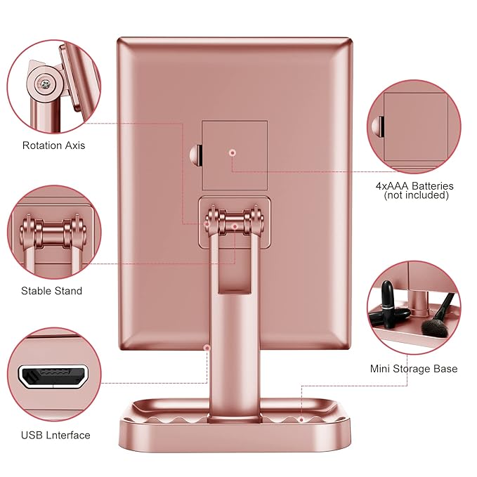 HUONUL Makeup Mirror, 10X 3X 2X Magnification, Lighted Makeup Mirror, Touch Control, Dual Power Supply, Portable LED Mirror, Women Gift (Rose Gold)
