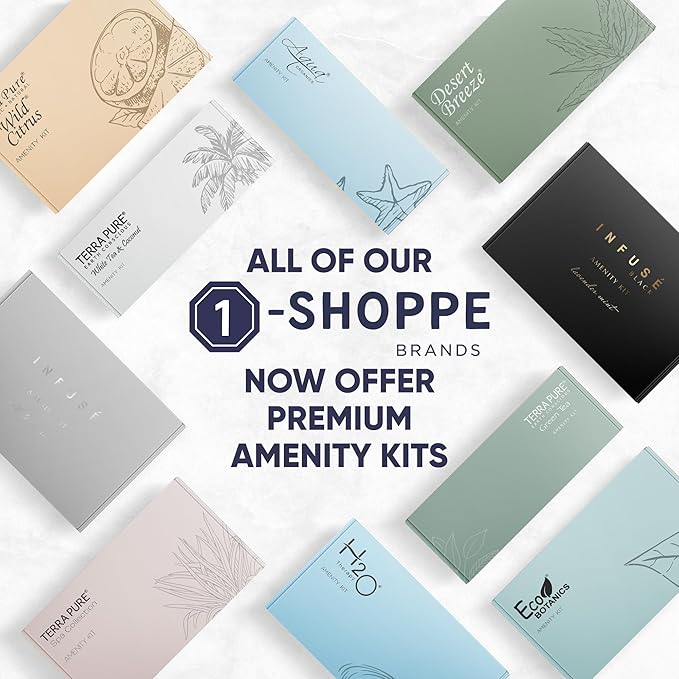 H2O Therapy Amenity & Accessory Kit | 0.85 oz Travel Size Shampoo, Conditioner, Lotion, Body Wash, Massage Bar, Cleansing Bar, Shave & Dental Sets, Make-Up Remover Wipes, & Vanity Kit | 1 set per case