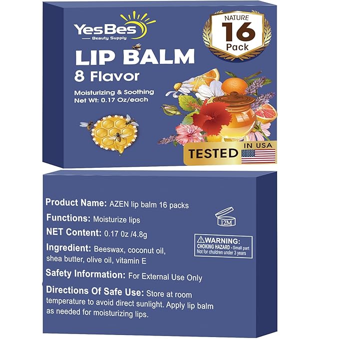 16 Pack Lip Balm, Natural Lip Balm Bulk with Vitamin E and Coconut Oil, Moisturizing Lip Balm for Dry Cracked Lips, Lip Balm for Stocking Stuffers - 8 Flavors