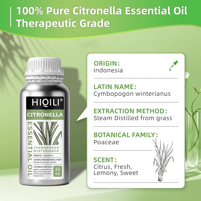 HIQILI 16 Fl Oz Citronella Oil for Homemade Sprays, Add to Diffuser, 100% Pure and Natural Undiluted