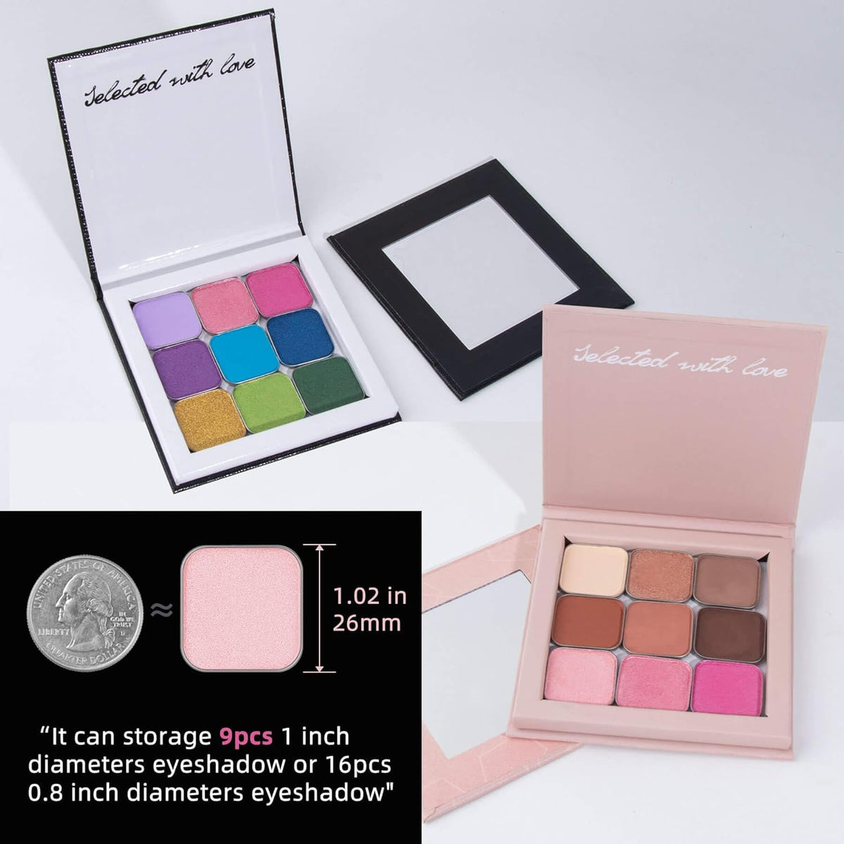 Pink&Black Magnetic Refillable Makeup Palette with Mirror – Lightweight, Durable, Travel-Ready Case for Eyeshadow, Blush, Lipstick – Includes Spatula & 20 Stickers – Small, Waterproof Paperboard