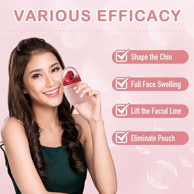 XHJRI Ice Face Roller Massager,Ice Cube Roller for Face, Eyes and Neck Naturally Conditioning and Skin Care,De-Puff Eye Bags,Reduce Migraine Pain,Reusable Massage Silicone Ice Mold (New Pink White)