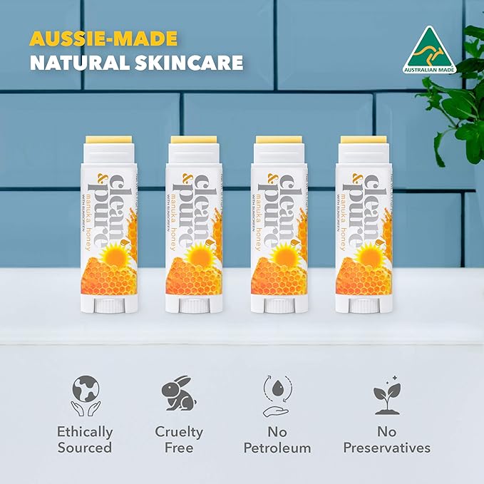 Lip Balm 3-Pack (Manuka Honey with Sunscreen) | Lip Care Set With 100% All Natural Beeswax | Vitamin E Oil | Flavored Lip Balm for Dry, Chapped Lips | Made in Australia