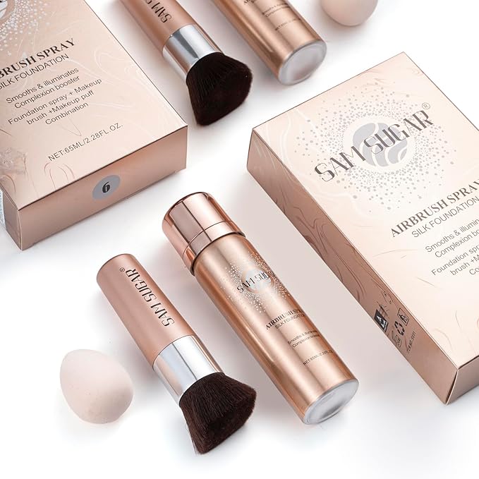 AirBrush Foundation Spray Set, Spray Foundation Makeup and Hydrating Face Primer Kit, Longwear Waterproof Liquid Matte Foundation Mist for Flawless Look, Brush and Sponge Include (#5 Warm Honey)