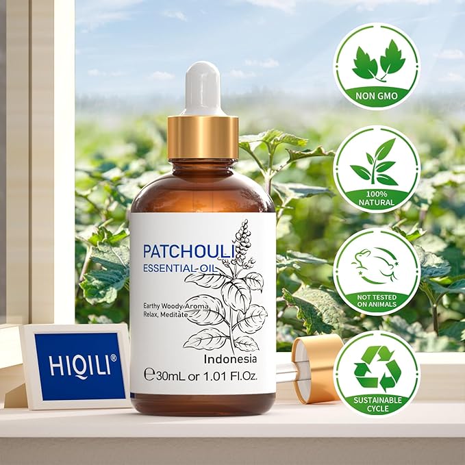 HIQILI Patchouli Essential Oil Organic, 100% Pure, for Diffuser, Homemade Perfume, Skin Care, Aromatherapy, Gift for Hippie Friend-30ML