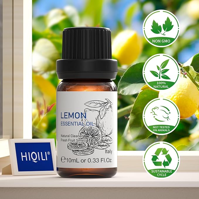 HIQILI Lemon Essential Oil, Household Cleaning, Air Purification, Skin Care, Can be Added to Cleansers, Sprays, Body Lotions Use - 0.33 Fl Oz/10ML