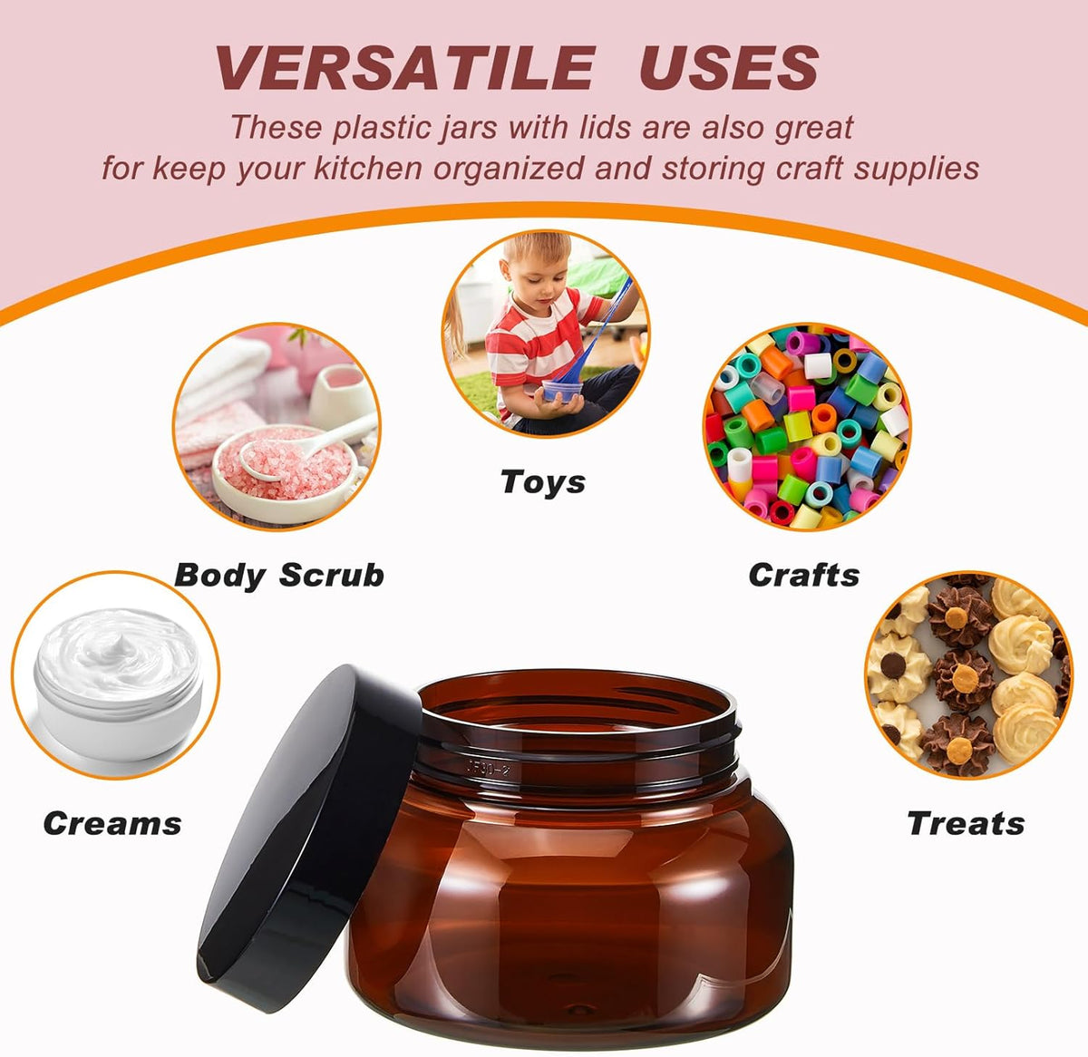 Tessco 24 Pack Plastic Jars with Lids Labels Empty Clear Plastic Jars Round Refillable Cosmetic Containers Body Butter Containers Bulk Sugar Scrub Bottle for Make Up(8 oz,Brown)