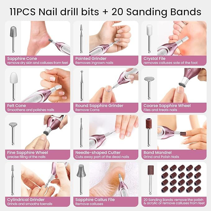 36-Piece Professional Manicure Pedicure Kit-Cordless Electric Nail File Kit,20000RPM, 11Pcs Bits,4 Speed,Rechargeable Pedicure Tool for Feet,Hand Foot Care Nail Drill Tool for Nail Grind Trim Polish
