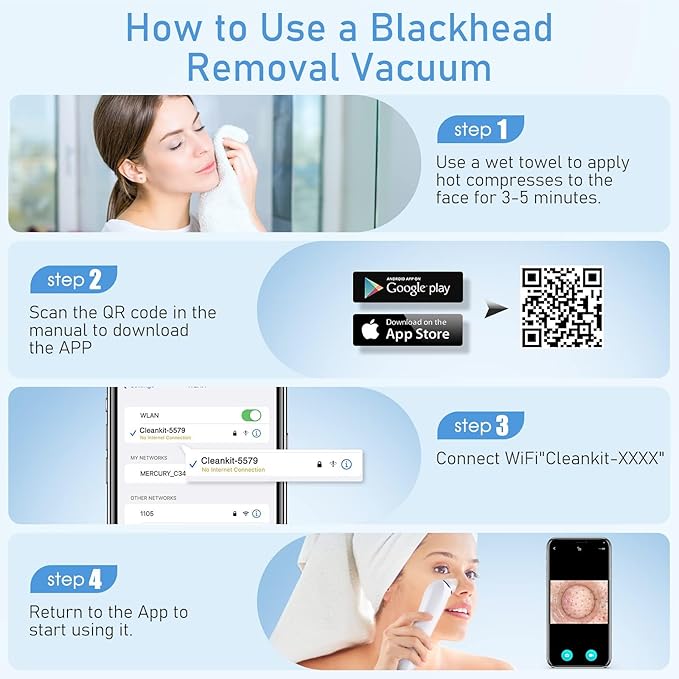 Facial Pore Blackhead Remover Vacuum, 1080P Camera Blackhead Remover, 20x Zoom, 8 LEDs & 3 Suction Modes, 800mAh Battery & USB - 6 Heads Pore Cleaner Kit for Women&Men(Orange)