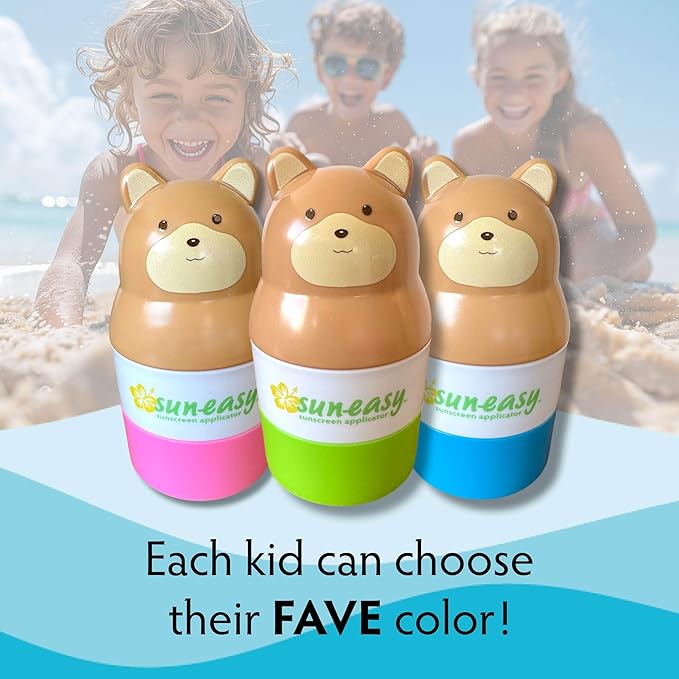 YAYA ORGANICS Sun-Easy Sunscreen Applicator, Refillable Roll-On with Sponge for Kids and Babies, Fun, Fast and Mess-Free application, Holds 100 ml, Bear/Blue Cap