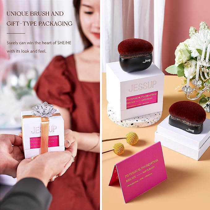 Jessup Foundation Brush Large Kabuki Makeup Brush for Face Body Blending Buffing Stippling Liquid Powder Cream Flawless with Gift Box, Black SF001