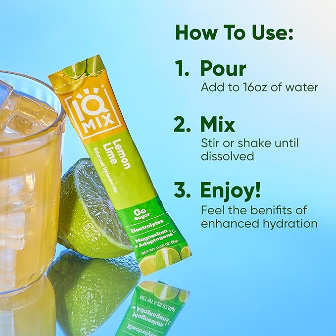 IQMIX Hydration Electrolyte Powder – 4-in-1 Formula for Hydration, Mental Clarity, Mood and Recovery – Sugar-Free Drink Mix, Keto, Magnesium L-Threonate, Lion’s Mane – 40 Count Lemon Lime