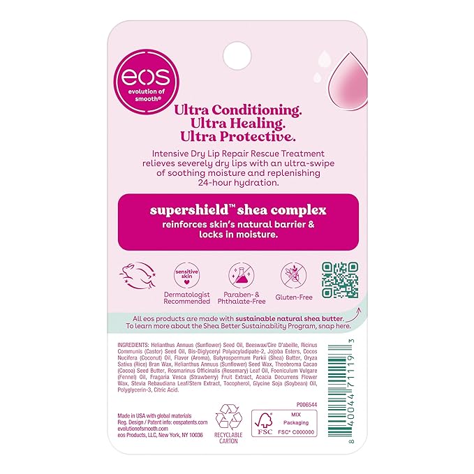 eos The Hero Lip Repair, 24HR Moisture for Severely Dry Lips, Natural Strawberry Extract, Hypoallergenic, 0.14 oz, 2-Pack