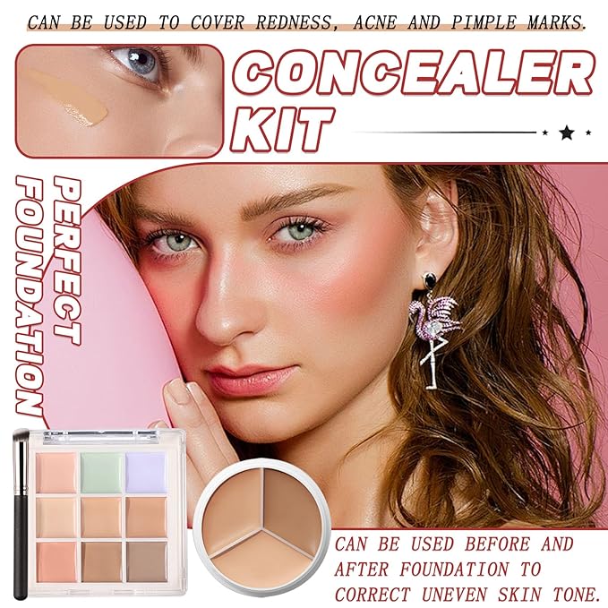 12 Colors Correcting Concealer Palette Kit with Brush,Cream Makeup Contour Palette for All Skin Type,Color Corrector Concealer Foundation Palette for Conceals Dark Circles & Blemish