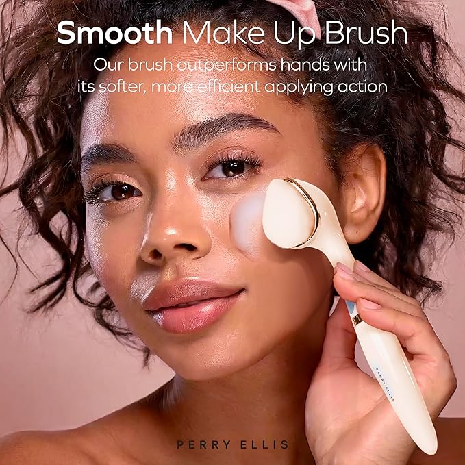 Perry Ellis 3-in-1 Beauty Brush with Silicone Face Cleanser, Makeup Applicator, and Metallic Eye-Massaging Plate, IPX6 Water-Resistant Electric Skincare Accessory with 3 Vibrating Modes and Stand