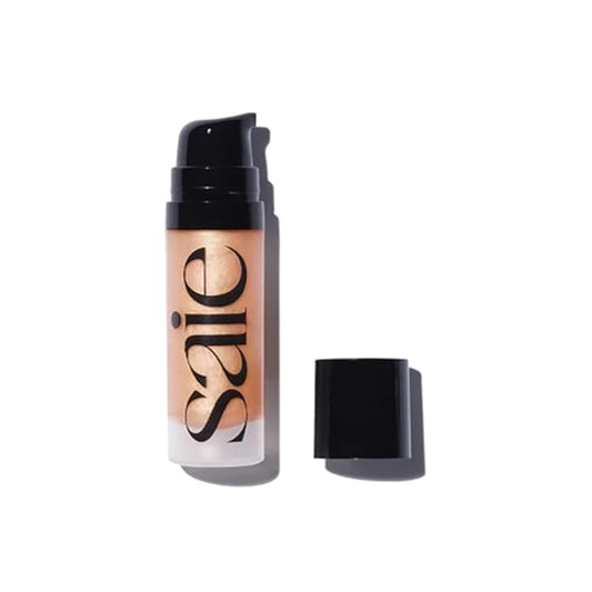Saie Mini Glowy Super Gel - Hydrating Makeup Primer and Illuminating Glow Serum Enriched with Vitamin C and Squalane Oil - All-Over Liquid Highlighter Makeup for Instant Glass Skin - Sunglow (0.5 oz)