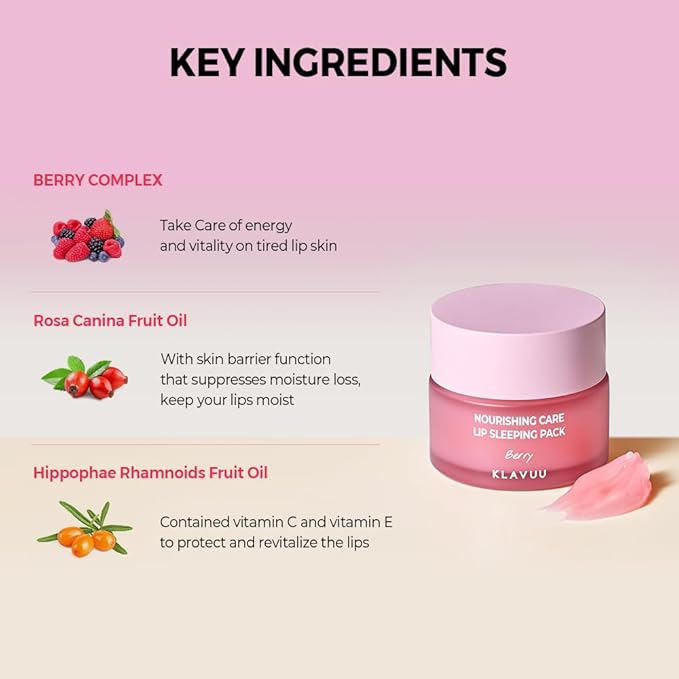 Klavuu Nourishing Care Lip Sleeping Pack(Vanila & Coconut & Berry)-Overnight Exfoliating & Nourishing Lip Treatment Balm for Dry Lips - Natural Moisturizing Lip Oil - Lip Balm to Repair
