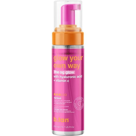 b.tan Clear Self Tanner Foam | Glow Your Own Way - Rinse Free, Best 1 Hour Express Sunless Tanning Water Mousse, Dark, No Transfer, Moisturizing, Face & Body, No Fake Tan Smell, 6.7 Fl oz