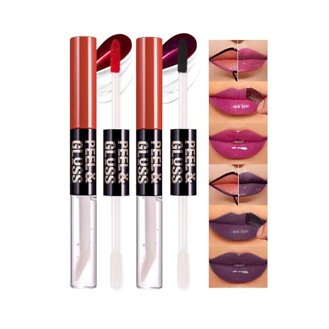 2Pcs Peel Off Lip Gloss Tattoo and Lip Oil 2-in-1, Lip Stain Peel Off Masque - Peel Off Lip Tint ,Long Lasting Waterproof Transfer-proof Lip Mask Lip Gloss Peel Off Lip Liner,Stay Lip Makeup 05#+08#