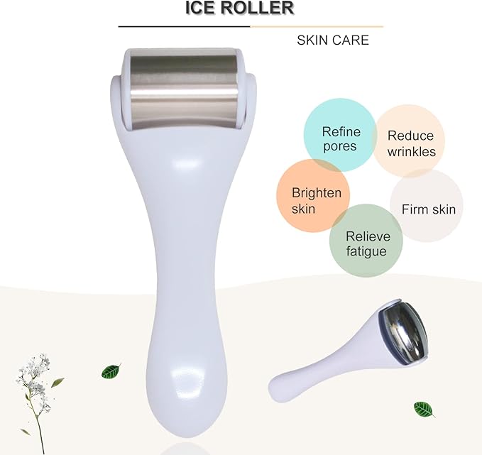 Ice Roller & Massager for Face & Eyes - Stainless Steel, 2 Pcs, Pain Relief, Dark Circles, Migraine (White)