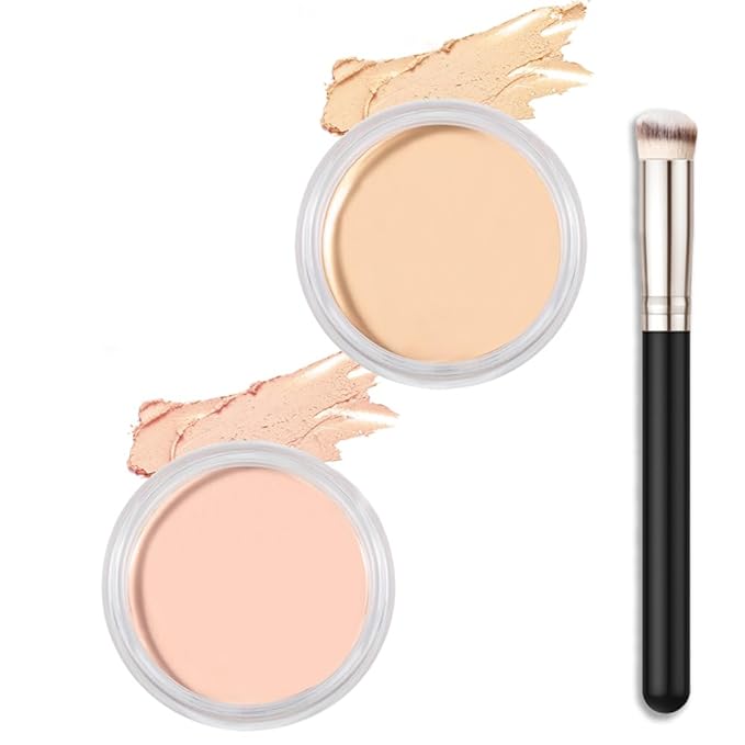 Kaely 2Pcs Cream Pot Concealer Full Coverage Set,Conceal Brighten Dark Circles,under Eye Color Correcting Concealer,Waterproof Foundation Palette with Brush,corrector de ojeras,Vegan Makeup,01+02