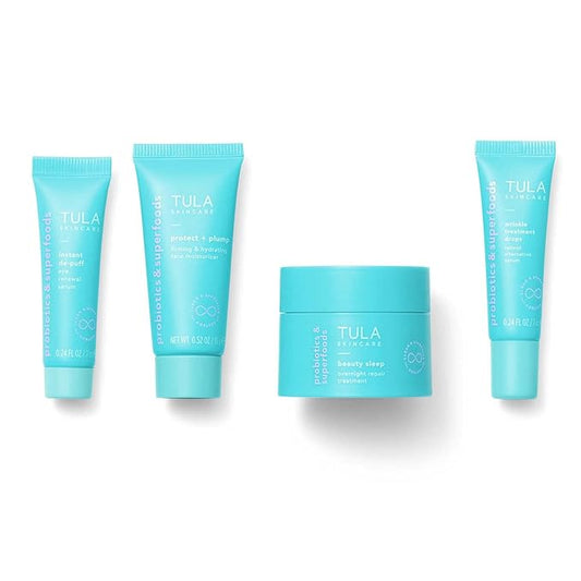TULA Skin Care Your Best Skin At Every Age Firming & Smoothing Discovery Kit, New Packaging - Wrinkle Treatment, Face Moisturizer, Eye Serum and Overnight Repair Treatment, Anti-Aging, 4-Piece Kit