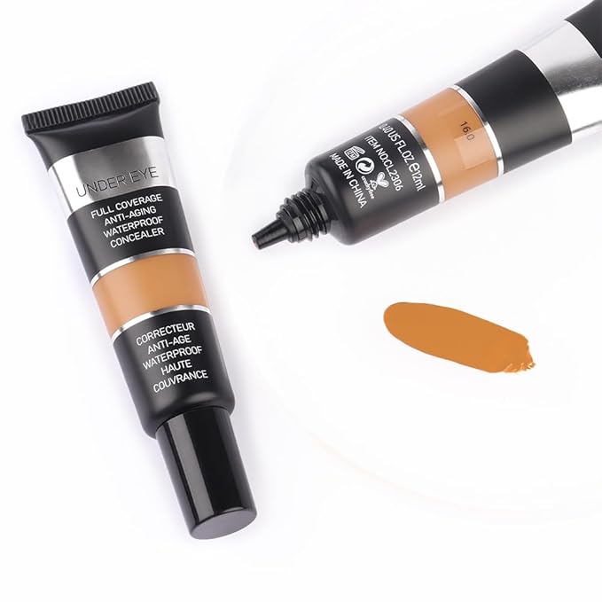 Pro Under Eye Full Coverage Liquid Concealer to Cover Dark Circles, Scars, Redness, Spots, Fine Lines, Corrector Anti-Aging Natural Finish, Moistening Smooth Cream, Waterproof 0.4 fl oz - Tan#