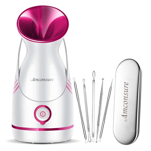 Amconsure Facial Steamer - Nano Ionic Face Steamer Warm Mist Steamer for Home Sauna SPA, Humidifier for Face Steamer for Deep Cleaning Unclogs Pores Sinuses - Bonus 5 Piece Stainless Steel Skin Kit