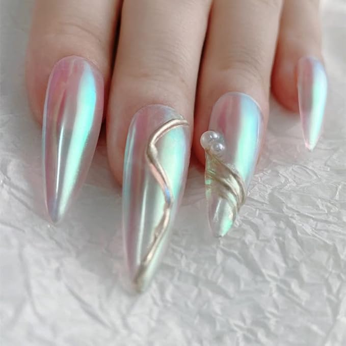 2 Pcs White Iridescent Nails Powder Aurora Chrome Powder for Nails,Mermaid Chrome Nail Pearl Powder Chameleon Chrome Nail Powder Manicure Pigment(2 Pcs Moonlight)