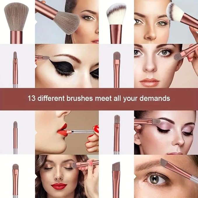 Foundation Makeup Brush Set Kit | 13 Pcs Premium Synthetic Kabuki Eye Shadows Make Up Brushes + 1 Sponge + 1 Brush Bag for Travel and Home Use (GREEN)