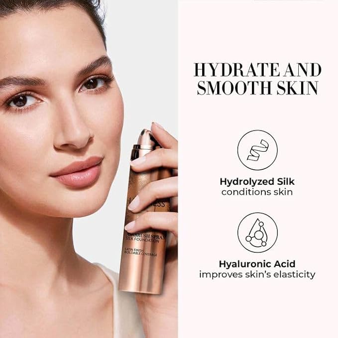 LUMINESS Silk Airbrush Spray Foundation & Buffing Brush Kit – Full Coverage Foundation & Dual-Sided Buffing Brush - Buildable Coverage, Anti-Aging Formula Hydrates & Moisturizes (Shade - Rich Dark)