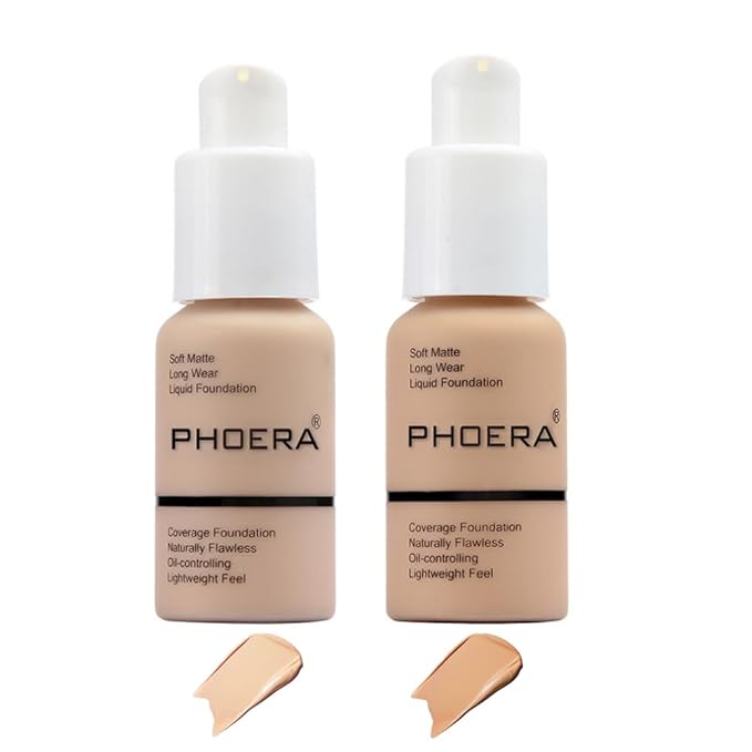 2 Pcs Phoera Foundation Makeup 102 and 104 Liquid Full Coverage 24HR Matte Oil Control Foundation Makeup Concealer (Nude & Buff Beige) with Kabuki Foundation Brush Flat Top