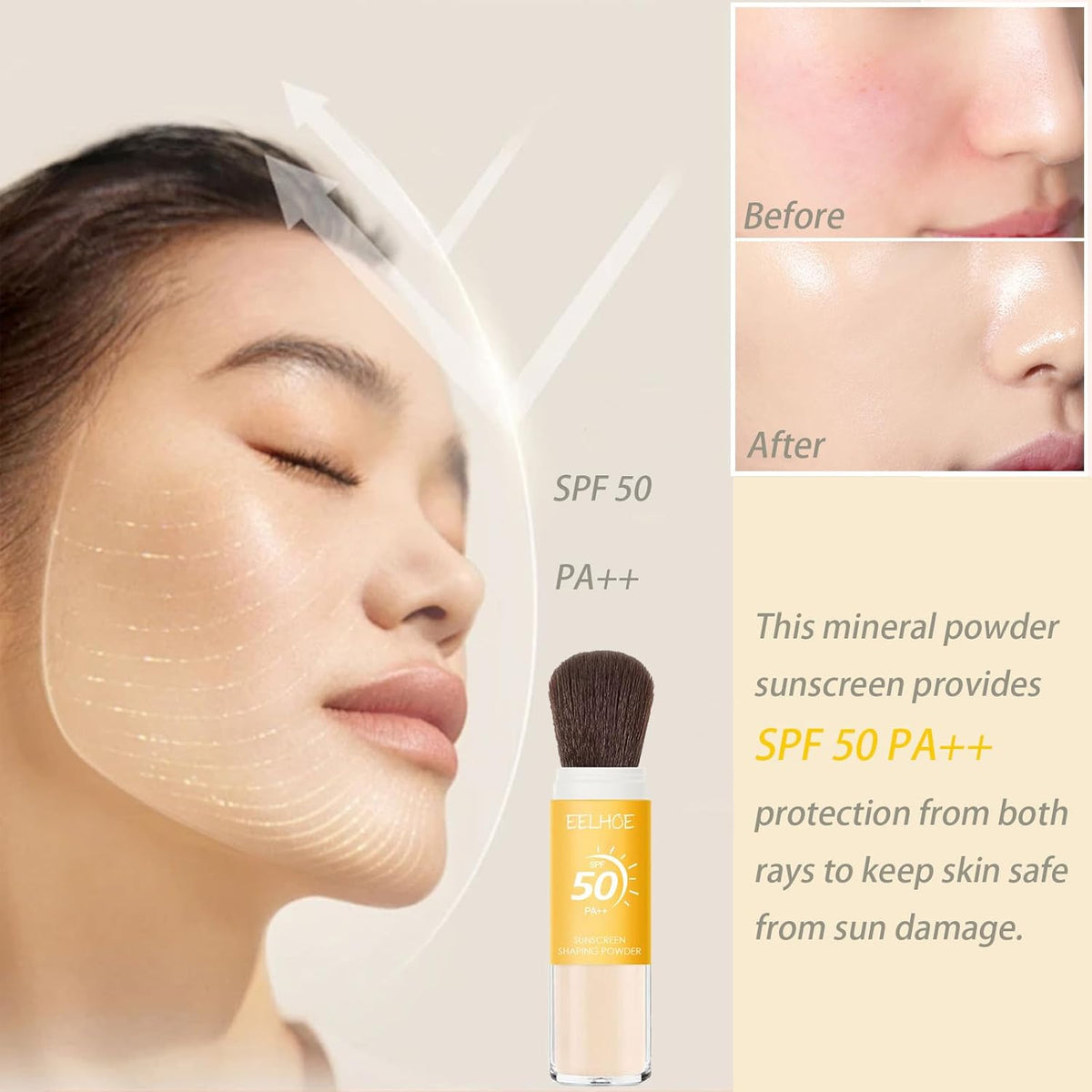 Mineral Sunscreen Setting Powder, SPF 50 PA++ Powder Sunscreen for Face, Oil Control Lightweight Breathable Translucent Concealer Brush Face Powder for All Skin