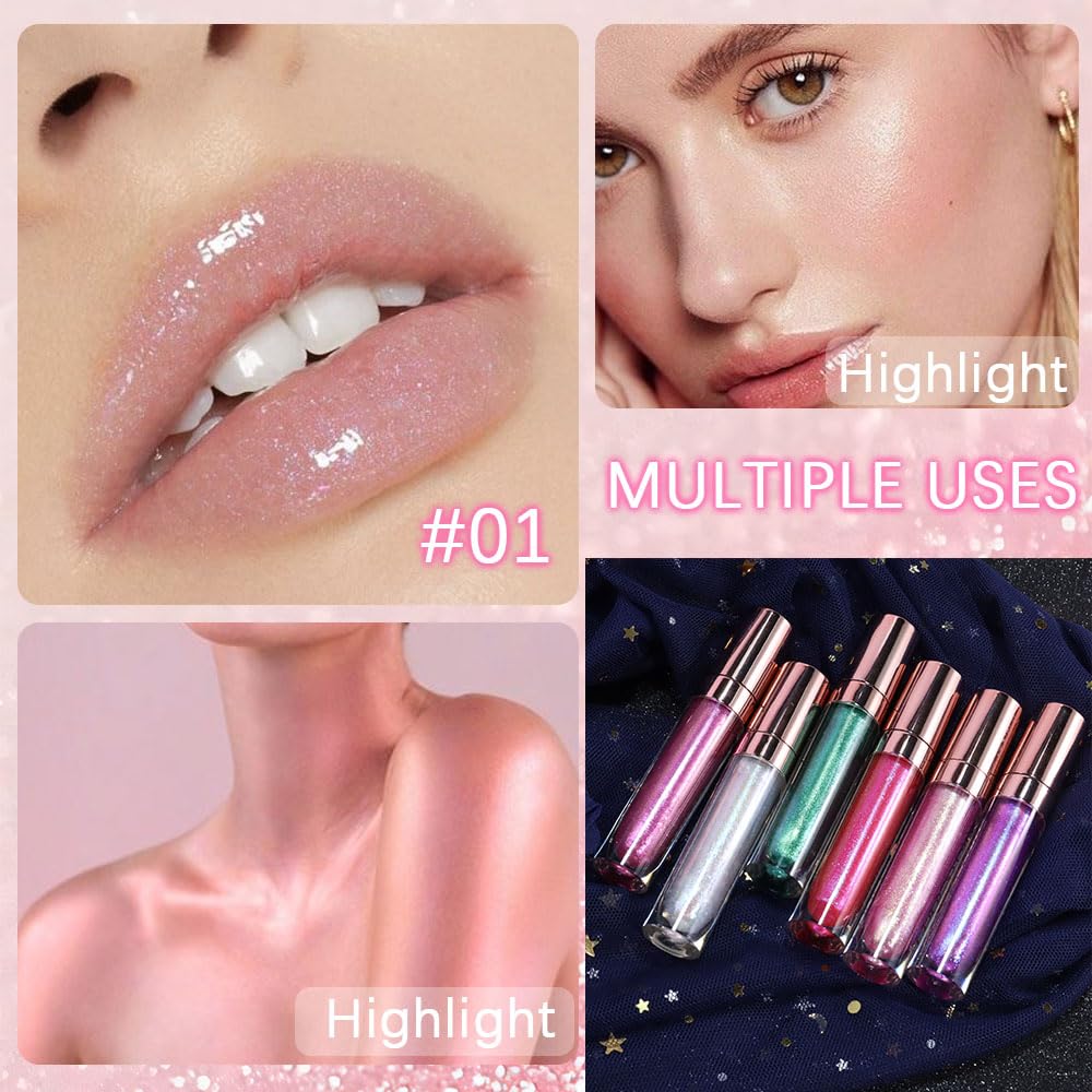 evpct 1Pcs Light Pink Pearlescent Chameleon Shimmer Glitter Lipstick Lip Gloss, Long Lasting Waterproof Glitter Metallic Sparkly Glossy Lip Gloss Tint Liquid Lipsticks Set Lip Stain Makeup for Women