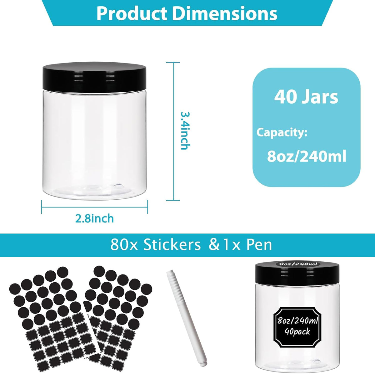 8 oz Clear Plastic Round Jars with Black Lids, 40pcs 8oz 250ml Leak-Proof Wide-Mouth Cosmetic Storage Containers for Slime, Kitchen Use, Beauty Products, Cream, Scrubs, Bath Salt and More