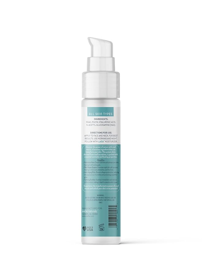 WEBE Naturals Snail Mucin 94% Hydrating Glow Serum | 1.3% Hyaluronic Acid & N-Acetyl Glucosamine | Collagen Boosting, Plumping, Anti Aging, Intense Moisturizing Serum for Radiant, Dewy Skin