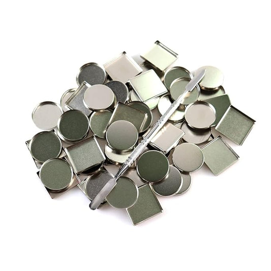 50 Pcs Empty Metal Pans, Makeup Palette Pans for Eyeshadow Magnetic Cosmetic Palette Size 26mm (Square&Round&depotting spatula)