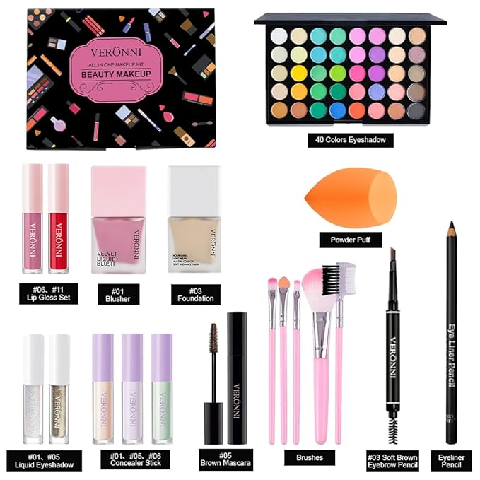 Makeup Kit for Women Full Kit, All in one makeup kit with Eyeshadow Eyeliner Eyebrow Lip Gloss Face Makeup & Brushes Full Starter Cosmetics Set For Girls & Teens (Set A)