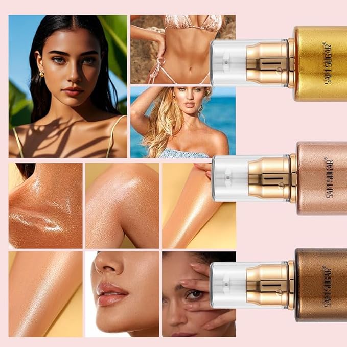 Shimmer Body Oil, Long Lasting Moisturizing Body Glow Glitter for Women Face Luminizer Highlighter Makeup 100ml Shimmer Oil for Glowing Skin Lotion (Dark Brown Gold)