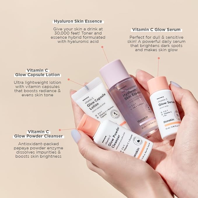 Hanskin Glow Skin On The Go Kit, Set of 4, Essential Travel Skincare Set for Glowing & Nourishing Skin on the Plane, Powder Cleanser Skin Essence and Facial Serum Cleansing Balm