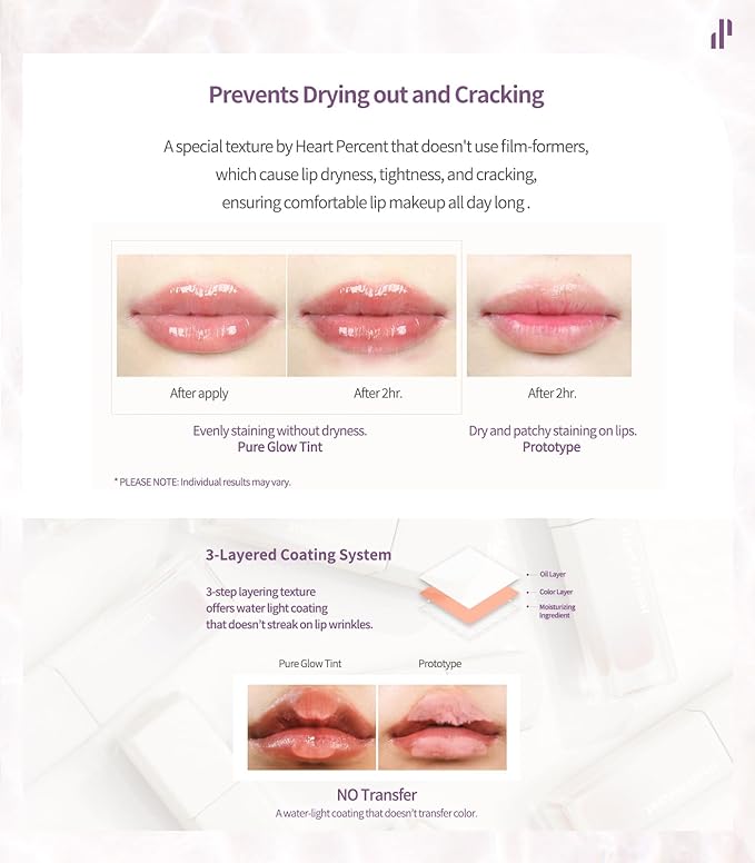 Heart Percent Dote On Mood Pure Glow Tint, Watery & Lightweight Moisturizing Lip Stain Long Lasting Liquid Lipstick 6.8g, #04. Mauve